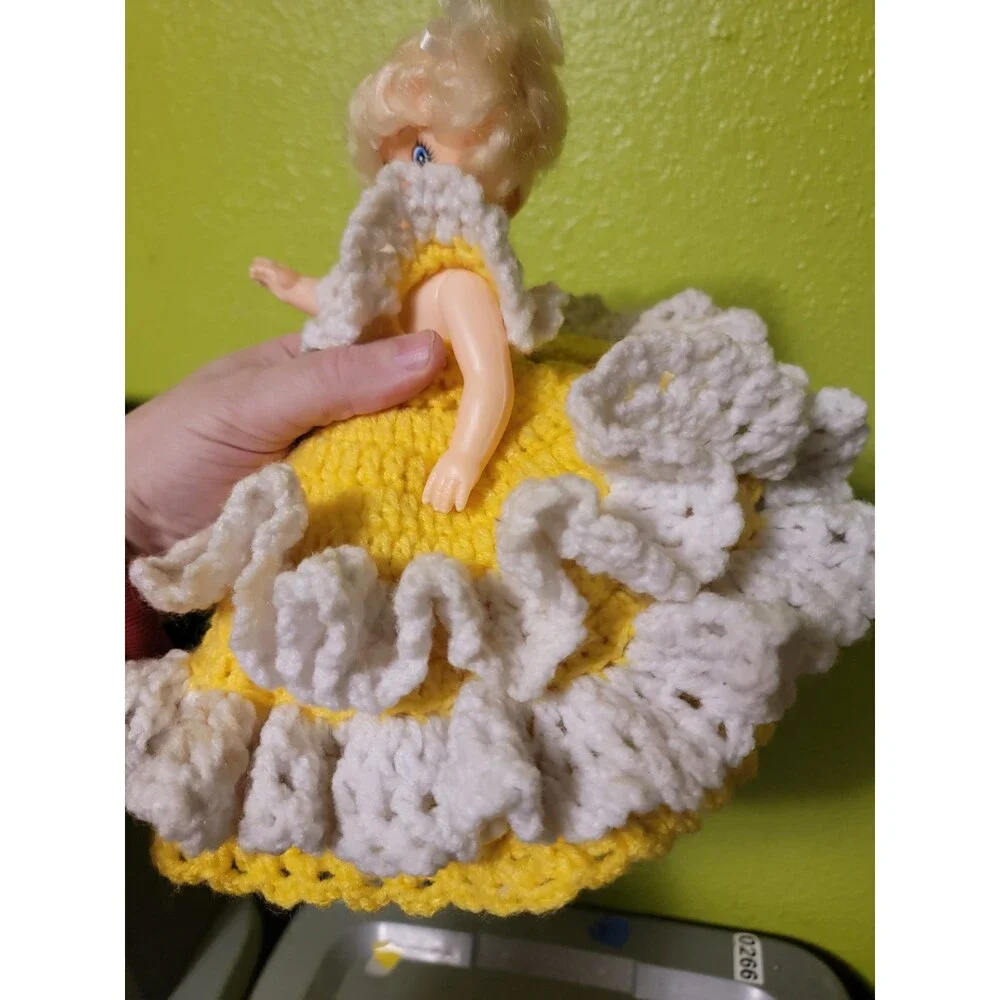 Vintage Bed Doll Crotchet Dress Yellow Blonde Hair Blue Eyes